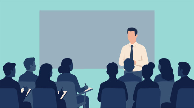 Instructor presenting to students or business professionals in a classroom