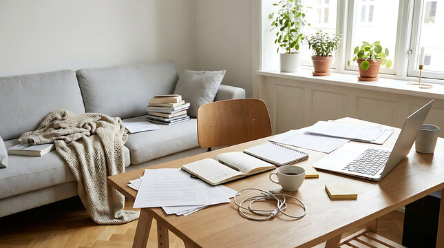 A cluttered wooden table with papers, laptop, and cup sits beside a couch in a messy home office.