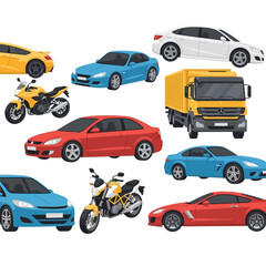 Naklejka premium Diverse Collection of Vehicles: Cars, Motorcycles, and Truck Isolated on White
