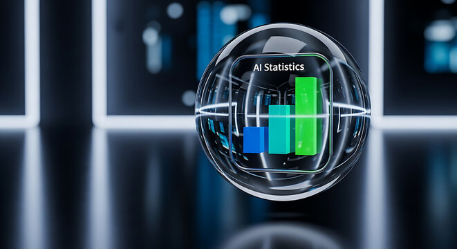 AI statistics bar graph inside transparent sphere represents data analysis and business insights in futuristic digital environment.