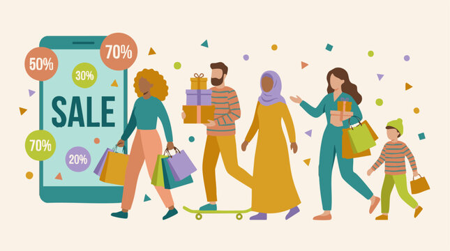 Diverse group of people shopping with bags and gifts during an online sale