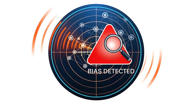 Bias detected alert sign with magnifying glass on radar screen symbolizing detection of prejudice and unfairness in systems and algorithms.