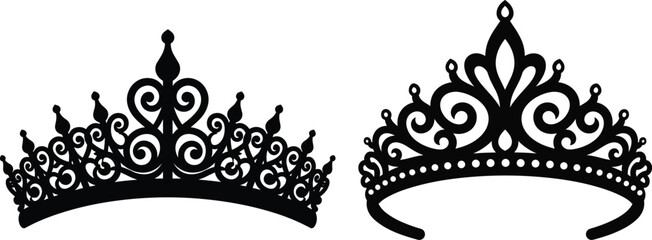 Elegant black crown silhouettes with ornate royal tiara designs isolated on white background luxury decoration symbol queen princess accessory © Amatullah Nasrin