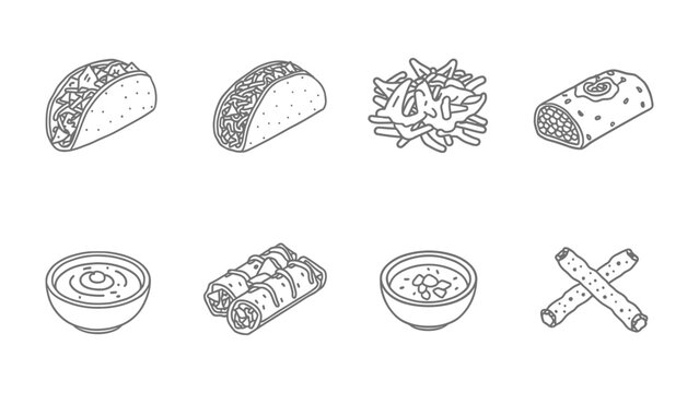 Delicious Culinary Lineup: A captivating illustration showcases a delicious assortment of culinary delights. From classic tacos to hearty burritos, this artwork tempts taste buds