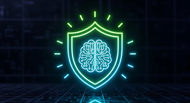 Neon shield with ai brain symbol represents artificial intelligence security and data protection concept glowing green and blue on dark grid background cybersecurity technology.