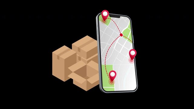 3D Render of Smartphone Showing Multi-Stop GPS Route and Stacked Open Delivery Boxes for Logistics Cargo Concept