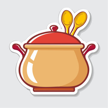 Cartoon cooking pot with two spoons