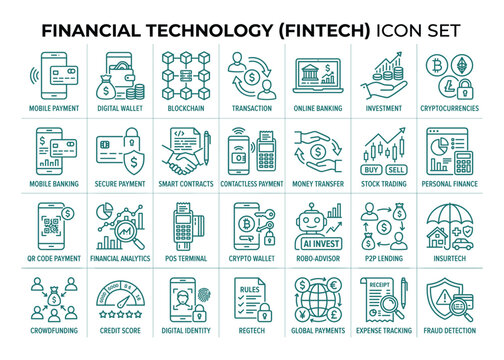 Financial technology fintech icon set for digital finance and investment.