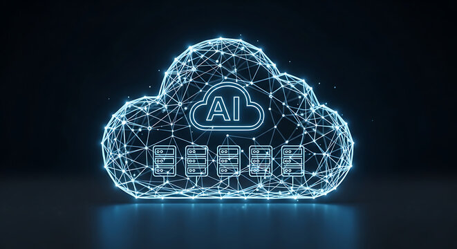 Cloud computing network showing artificial intelligence logo and data storage servers representing digital infrastructure and futuristic technology.