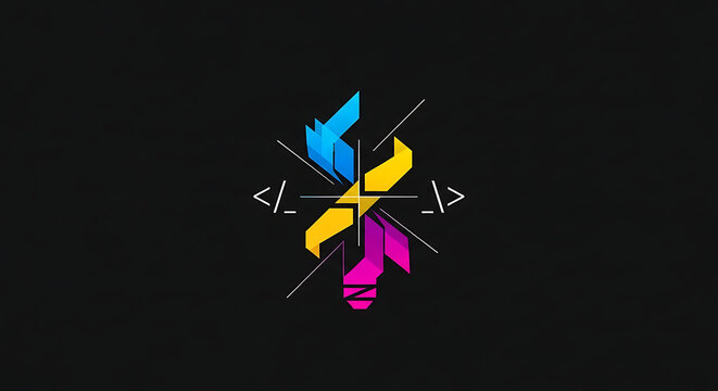 Abstract colorful graphic logo with coding symbols and lightbulb shape representing creative software development and innovative programming ideas.