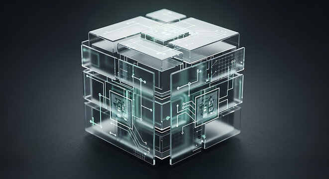 Futuristic glass cube with internal glowing circuits and electronic components representing modular data architecture and complex information storage.