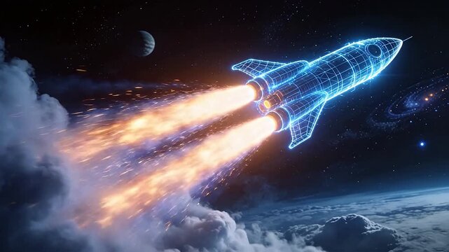 Blue wireframe rocket flying in space with orange flame and earth background