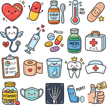 cute cartoon medicine things doodle vector set design illustration flat color