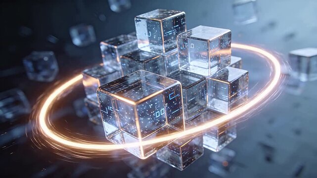 Transparent cubes with glowing symbols floating in virtual space