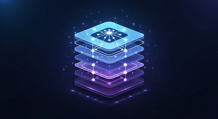 Layered digital platform structure with glowing network nodes and circuit connections representing stack architecture and cloud computing infrastructure.