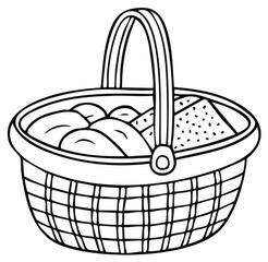 Fototapeta premium Hand-drawn picnic basket outline filled with breads and sandwiches for coloring books and illustrations
