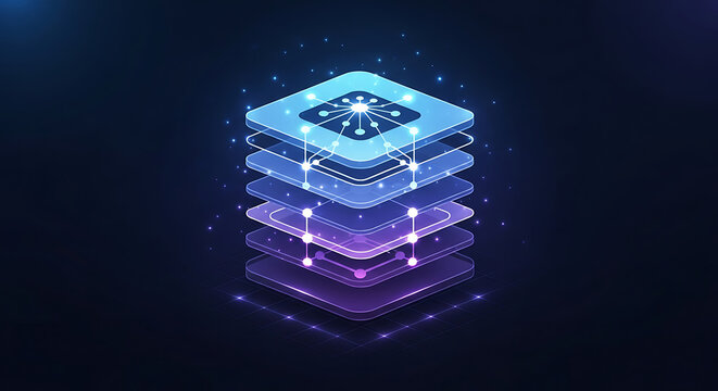 Layered digital platform structure with glowing network nodes and circuit connections representing stack architecture and cloud computing infrastructure.