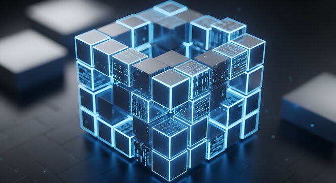 Complex digital cube assembly made of smaller glowing square blocks with binary code textures representing big data processing and system integration.