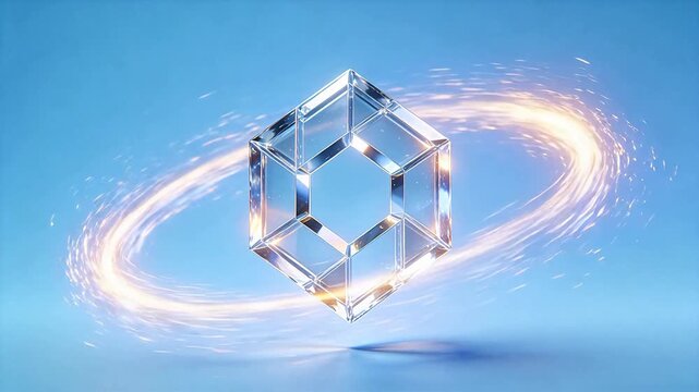 Transparent hexagonal prism with glowing light vortex on blue background
