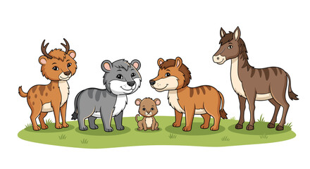 A charming illustration of a diverse group of cartoon animals standing together on a grassy field, featuring a deer, a hamster, a bear cub, a tiger cub, and a zebra. © Uchiha