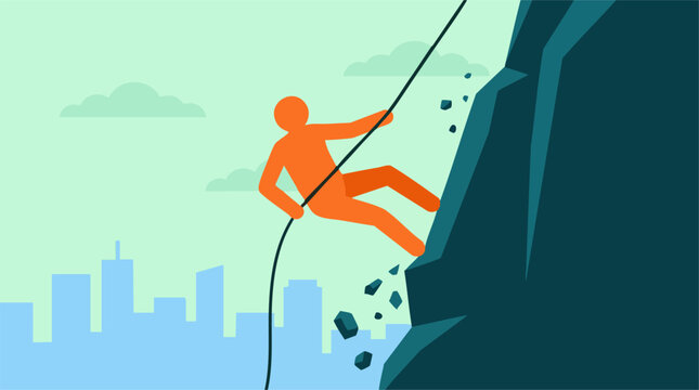 Person rappelling down steep cliff, city skyline, overcoming business challenges
