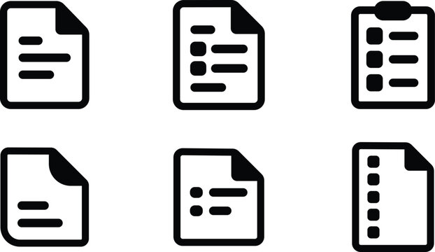 Collection of six minimalist vector icons representing different document formats and lists isolated on transparent background
