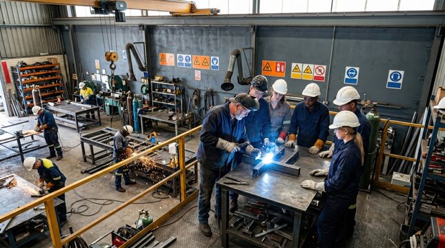 Group welding training demonstrating safety practices in workshop