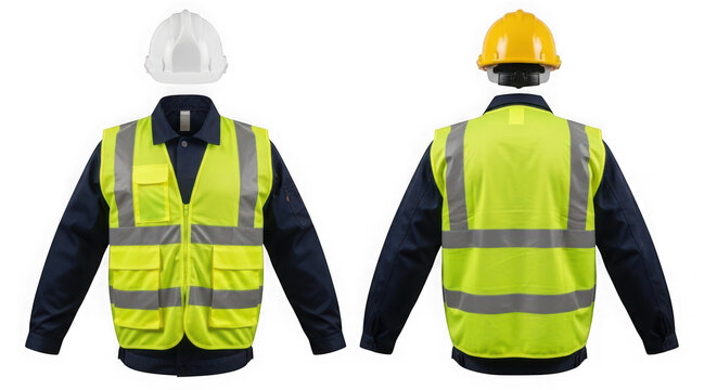 Front and back view of a construction worker uniform with yellow safety vest and hard hat