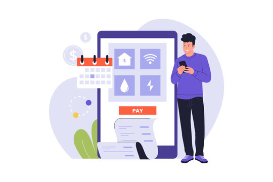 Illustration of Monthly Utility Bill Payment on Smartphone. A man using his phone to pay various monthly utilities like electricity and water, showing organized household financial management