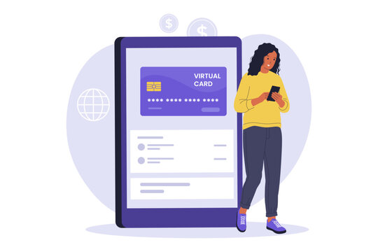 Illustration of Virtual Debit Card Payment on Tablet Device. A woman shopping online using a virtual debit card displayed on a large tablet, representing secure and cardless digital transactions