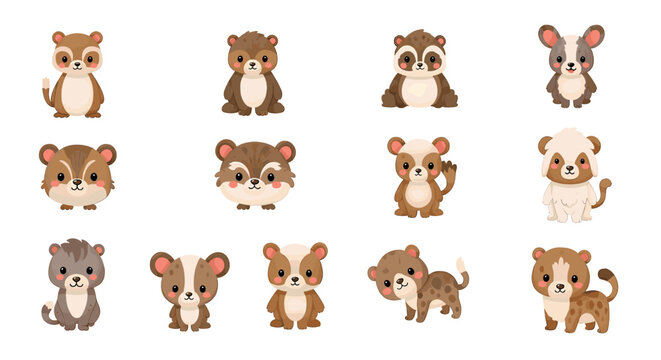 Cute cartoon baby weasels, ferrets, and small mammals in various adorable poses on a white background, perfect for children's designs.