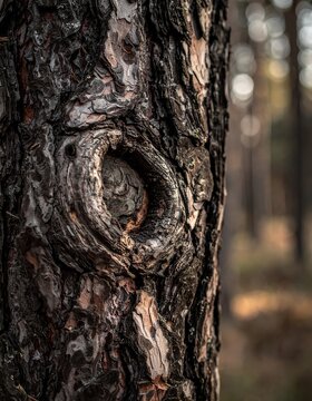 Close-up of a tree trunk with a prominent knot in a forest setting.