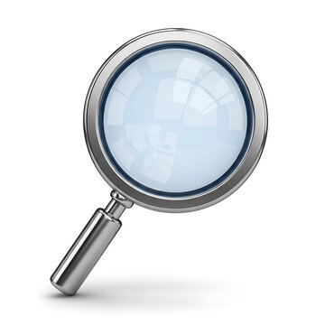 Silver magnifying glass with clear lens isolated on white background representing research investigation discovery and optical zoom analysis vision tool.
