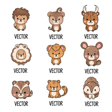 Collection of nine adorable cartoon baby animals, each with a unique species and a 'VECTOR' label below.