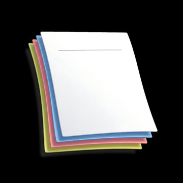 Stack of colorful paper document sheets with blank pages isolated on black background for office organization concept or professional digital stationery.