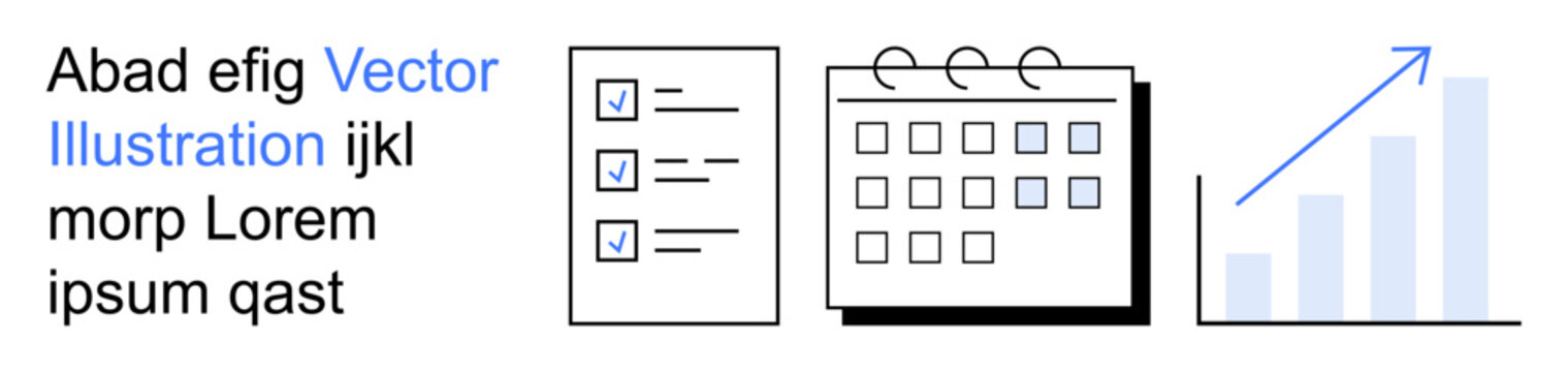 Business planning, productivity tools, data analysis, project management, time management, growth strategy. Icons of a checklist, a calendar and an upward graph. Business planning and productivity