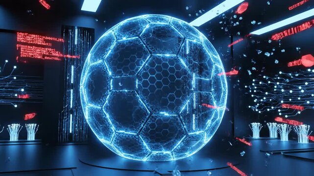 A futuristic laboratory scene featuring a large, glowing blue spherical model of a molecular structure with a dark background and red digital projections