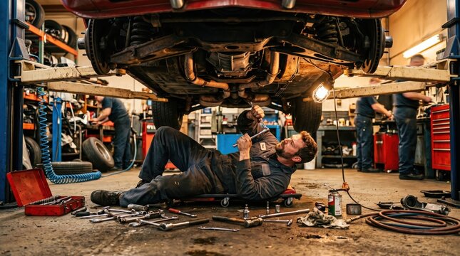 Auto mechanic inspecting undercarriage while working in garage