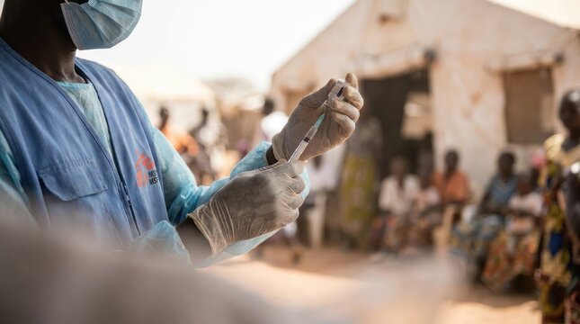 Healthcare worker prepares vaccine in a humanitarian setting with people in background