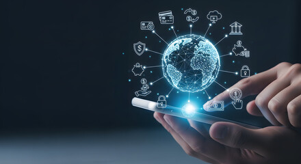 Fototapeta premium A person's hand holding a smartphone with a glowing digital globe and various interconnected icons representing global business and technology.