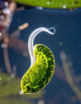 Microscopic view of a vibrant green freshwater alga, possibly a desmid, with a clear, elongated stalk-like structure, floating in water.