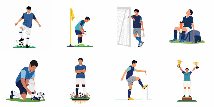Set of illustrations depicting male soccer players in various activities including training, resting, playing, and celebrating victory on a white background.