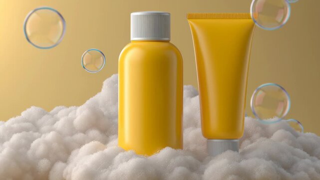 Yellow plastic bottle and tube with white caps surrounded by bubbles on fluffy foam against a soft gradient background, creating a vibrant and playful atmosphere