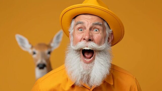 Elderly Caucasian man with white beard and yellow hat expresses surprise and joy alongside a deer, set against a vibrant orange background in a playful scene