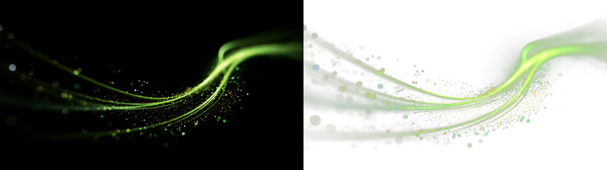 Wavy green glow with sparkles isolated on transparent and black background, creates a lively design for digital art or graphic projects, light overlay, PNG © tanandaa