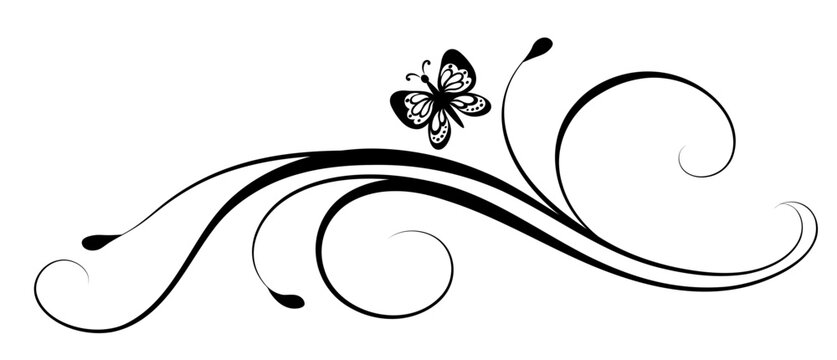 Floral ornament with butterfly and abstract lines and leaves. Decorative element for decor and text greeting or invitation card design.
