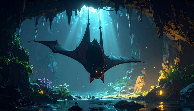 Mysterious Bat Hanging Upside Down in a Luminous Cave with Glowing Eyes.