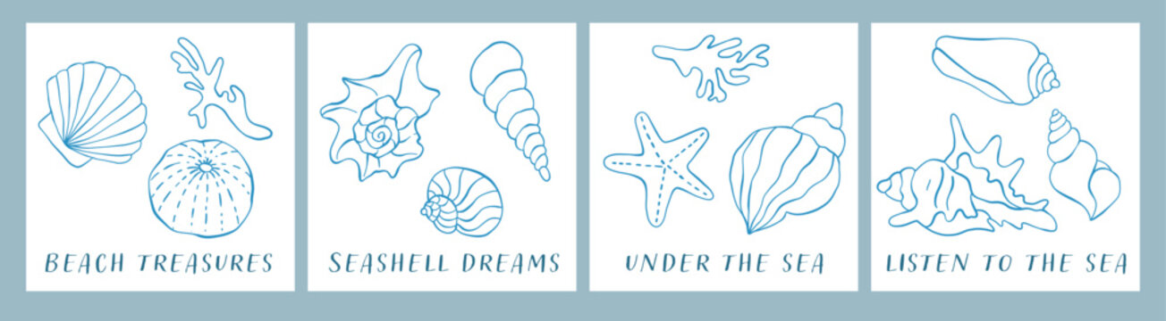 Sea shells greeting card, sea animals, coral illustration, line drawing sea animal collection poster, doodle style. Underwater creatures, vector line illustrations