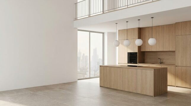 Minimalist Japandi kitchen with light oak cabinetry, white wall copy space, pendant lights and city-view window, modern interior design concept.

