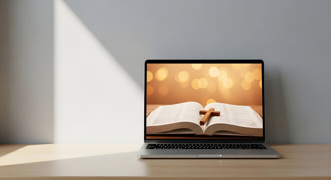 An open laptop displays a Bible with a cross on its pages, symbolizing digital faith and online religious study.